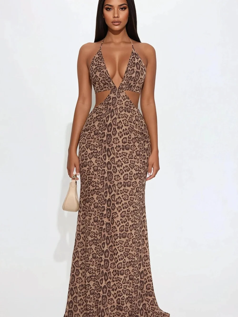 Fashion Nova Leopard Print Halter Cutout Maxi Dress - Brown Size S